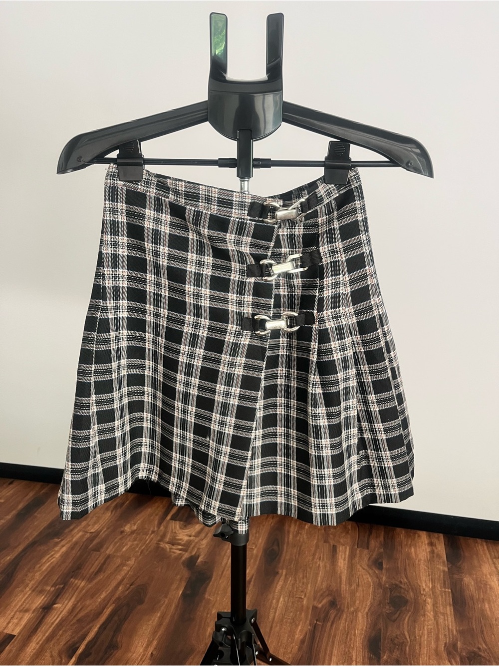 Black & White Plaid Asymmetrical Mini Skirt with Buckle Accents